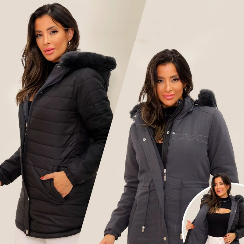 Jaqueta Parka Dupla Face Feminina Impermeável, modelo versátil com dois estilos em uma peça. Proteção térmica para frio intenso, capuz removível com pelos sintéticos e bolsos funcionais. Ideal para looks sofisticados ou esportivos no inverno.