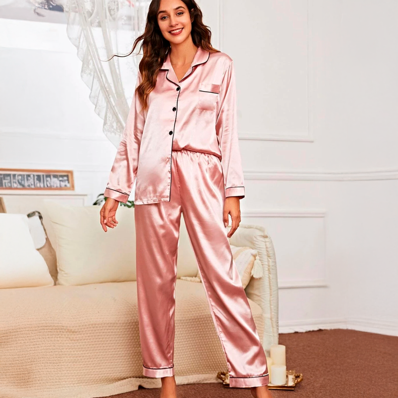 Pijama De Cetim Feminino De Inverno Luxuoso