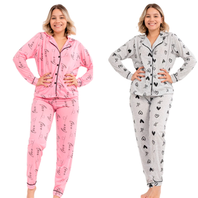 Kit de 2 pijamas femininos de inverno com camisa de manga longa, gola lapela e calça longa. Confeccionados em malha poliviscose leve, confortável e anti-pilling. Modelos com estampas variadas ideais para dormir ou relaxar em casa.