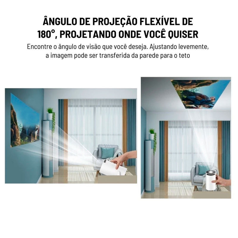 Kit com projetor portátil 4K HD, controle remoto, cabo de alimentação e manual. Modelo cilíndrico, branco, com conexões HDMI, USB e sistema Android integrado.