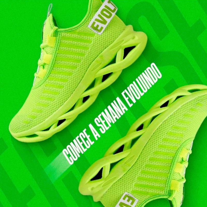 Tênis feminino esportivo com solado tecnológico em micro expandido, cabedal em malha respirável e design moderno. Disponível em cores vibrantes como pink, amarelo e verde neon.